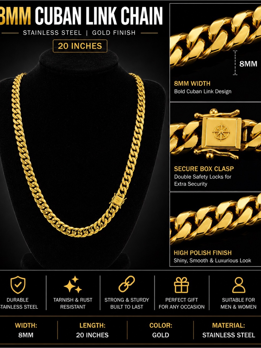 Men's Gold Cuban Link Chain Necklace - 8mm 20"